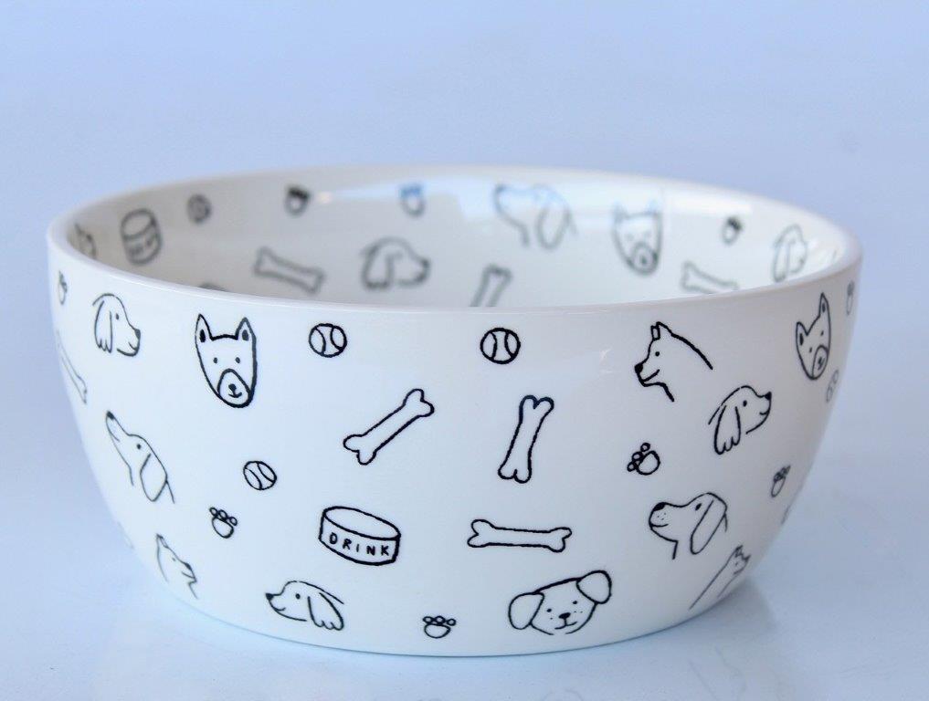 BLACK & WHITE PORCELAIN DOG BOWL  7.5X17CM